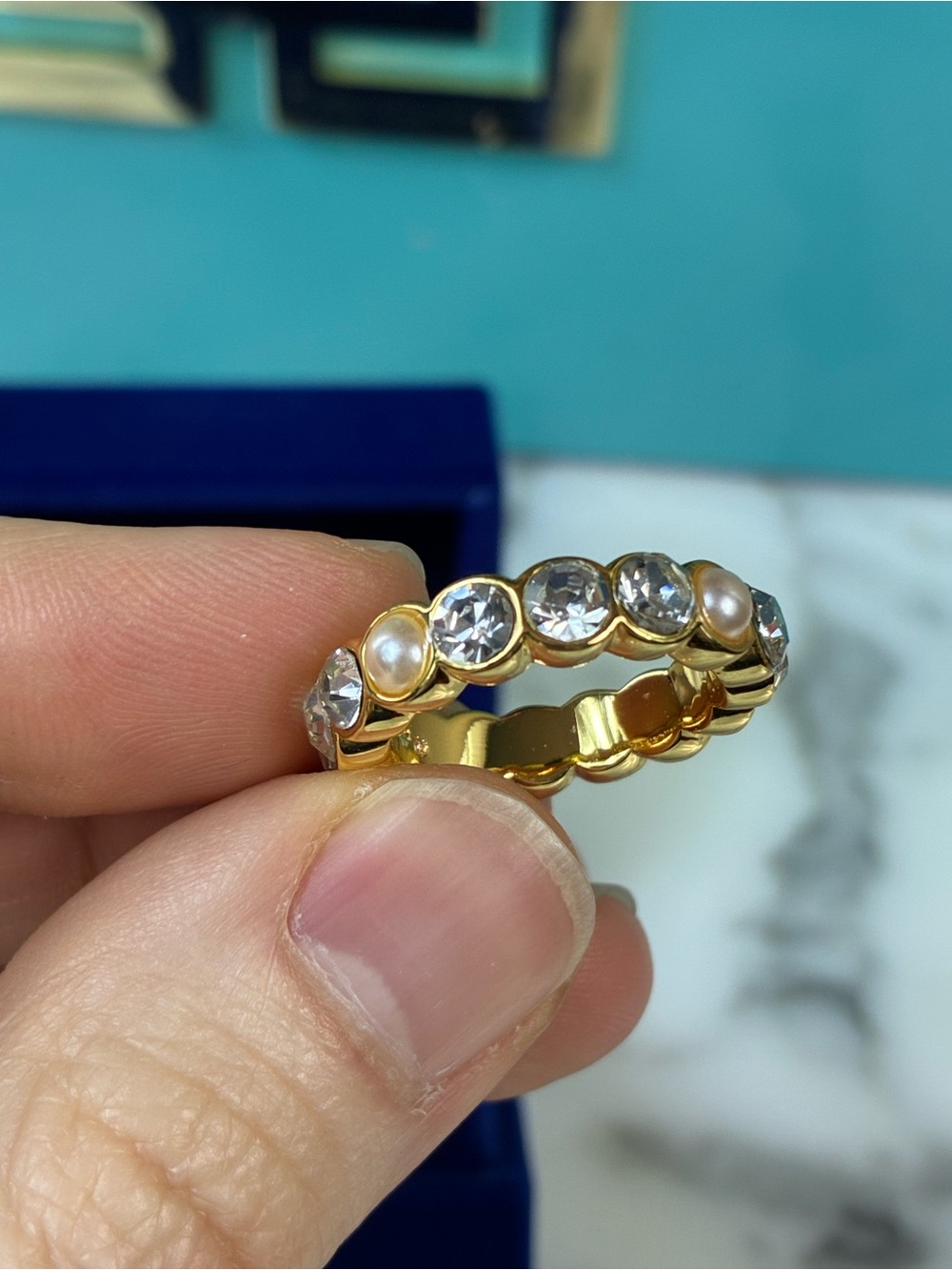 Brand New Kurt Geiger London Gold Plated Pave Crystal & Faux Pearl Size 7 Ring - Picture 5 of 8